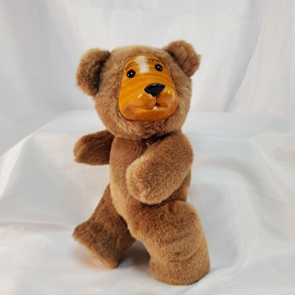 Vintage FTD Wood Face Teddy Bear Brown Plush Jointed Arms and Legs 9.5 inches - Picture 5 of 8